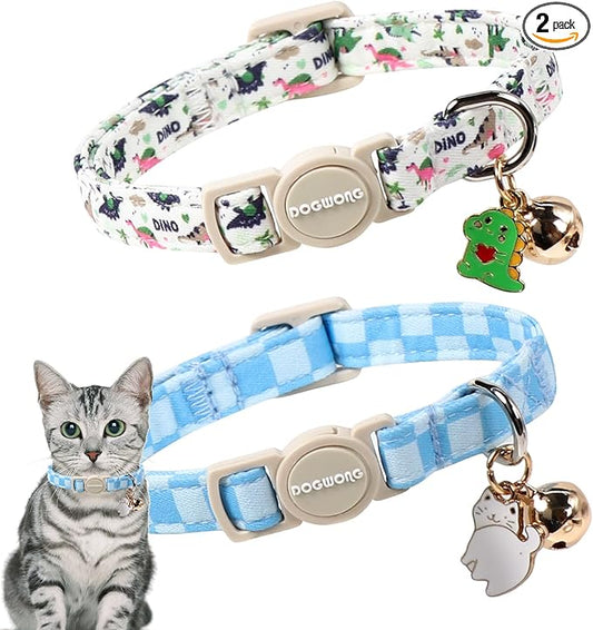 2 Pack Dinosaur Cat Collars Breakaway with Bell, DOGWONG Safety Buckle Bluee Plaid Cute Cat Collar for Girl Boy Cats，Adjustable 7-12 Inch