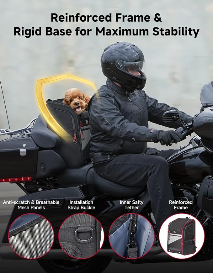 KEMIMOTO Motorcycle Dog Carrier Backpack for Small Dog & Cat Under 17 lbs, Anti-Escape Safety Clip, Padded Shoulder Straps Pet Carrier for Street Glide with Passenger Seat Touring Trike Models Can Ams