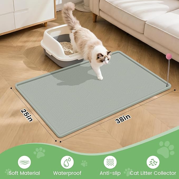 Cat Litter Mat, 38"X25" Large Litter Box Mat, Waterproof and Easy to Clean Silicone Cat Mat for Litter Box, Mat Litter Trapping Mat for Scatter Control, Keep the Floor Clean (Light Green)