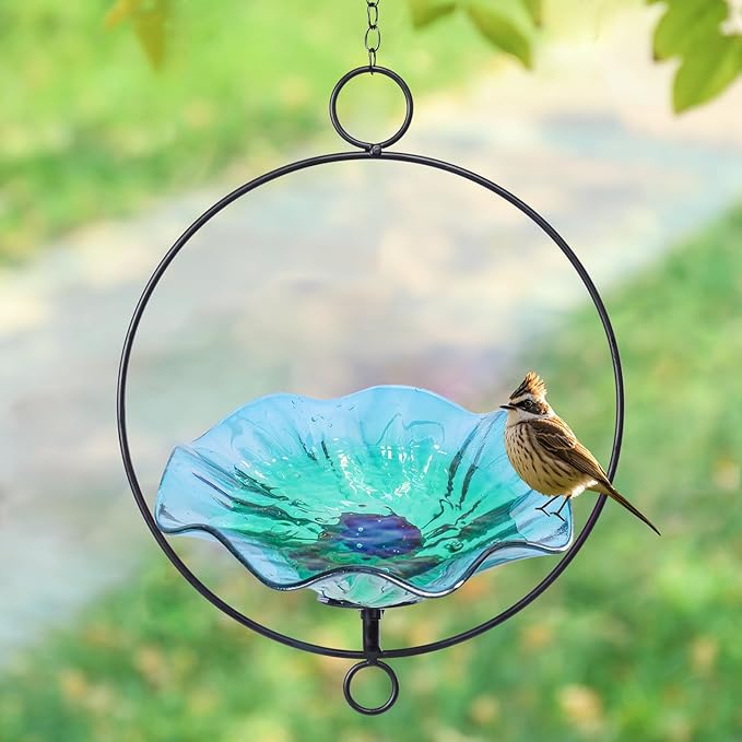 MUMTOP Hanging Bird Bath-Bird Baths for Outdoors - Flower Glass Bird Water Bowl with Hanging Circle, Bird Feeders for Outside, Garden, Lawn Yard Decor（Cyan）
