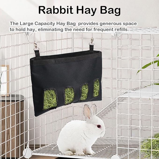 Rabbit Hay Feeder Bag, Large Capacity Rabbit Hay Bag Small Animal Hanging Hay Bag 600D Oxford Cloth Bunny Hay Feeder Bag for Rabbits Guinea Pigs Chinchillas (Black-2 Holes-2Pcs)