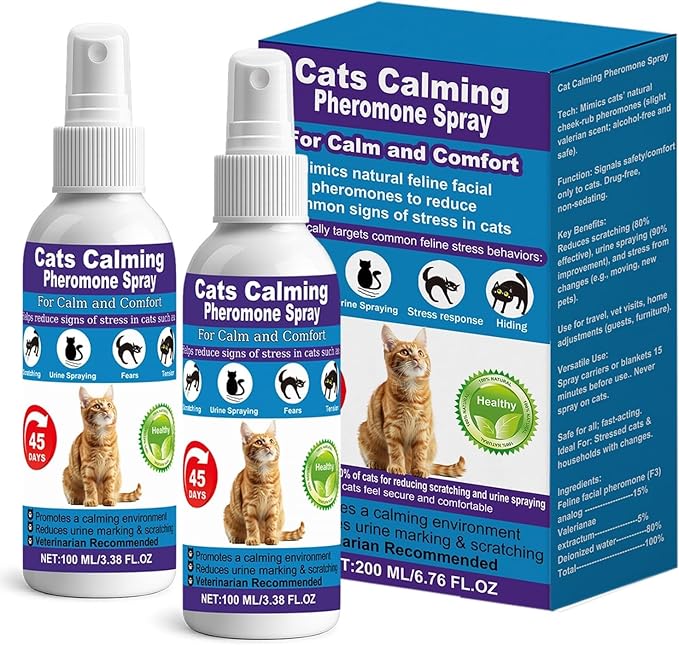 Cat Calming Pheromone Spray for Stress & Anxiety Relief – Reduces Scratching, Urine Spraying, Hiding – Drug-Free & Vet Recommended – Feline Calm Spray with F3 Facial Pheromone 2 * 100mL 8.5oz