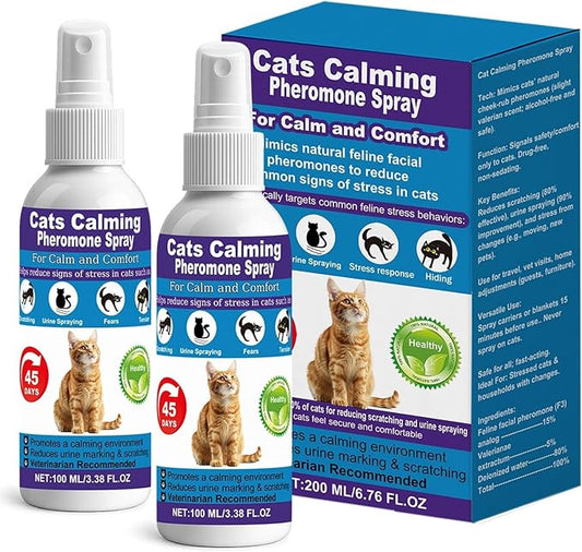 Cat Calming Pheromone Spray for Stress & Anxiety Relief – Reduces Scratching, Urine Spraying, Hiding – Drug-Free & Vet Recommended – Feline Calm Spray with F3 Facial Pheromone 2 * 100mL 8.5oz