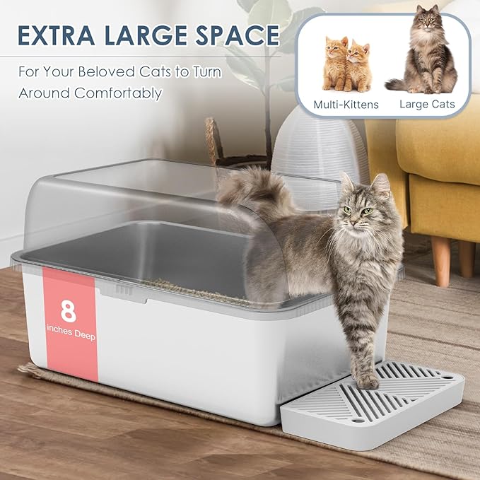 Suzzipaws 8" Deep Stainless Steel Cat Litter Box with Lid Extra Large Litter Box for Big Cats XL Metal Litter Box Pan with High Wall Sides Enclosure, Non-Sticky, Anti-Leakage, Easy Cleaning