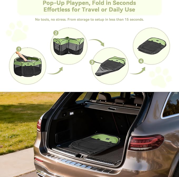 Dog Playpen for Small Dogs & Puppies, 29.92" Portable Indoor Outdoor Puppy Playpen with Bowl, Waterproof Floor, Foldable Pop-Up Pet Pen for Home, Travel & Daily Use, Green+Black
