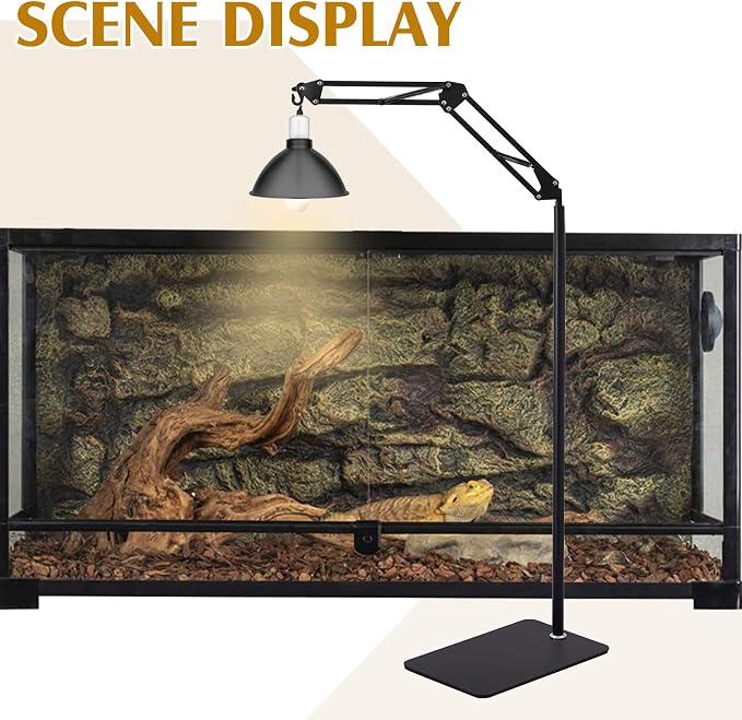 Queekay Reptile Heat LAMP Stand, Black Metal, Adjustable Height and Width, 5 Hanging Hooks, for Terrarium, Aquarium, Incubator, Cages, Suitable for Reptiles, Amphibians, Small Animals
