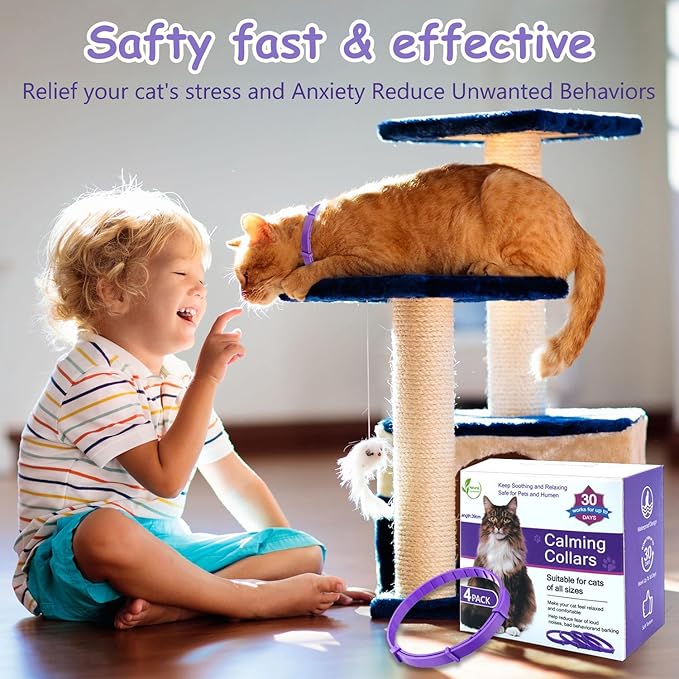 Calming Collar for Cats 4-Pack Cat Calming Collar Adjustable Soother Anxiety Relief Waterproof cat Calming Products 30-Day Stress Relief (Purple)
