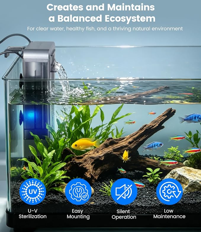 Aquarium Filter with U-V Light, Internal Fish Tank Filter for Up to 30 Gallon, Turtle Tank Filter Bio-Filtration, Ultra-Silent, and Green Water Clean