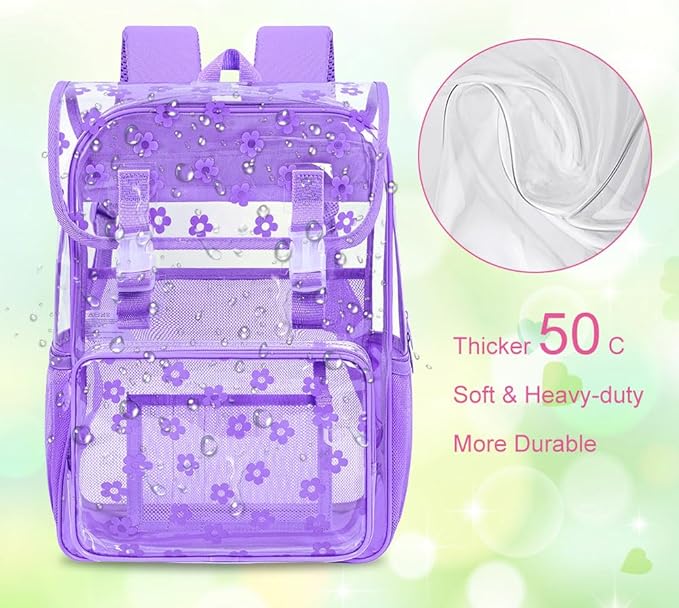 17" Plum Blossom Clear Backpack for Girls - 3Pcs Flip Design Stadium Approved Set, Campus/School Transparent Bookbag (Purple)