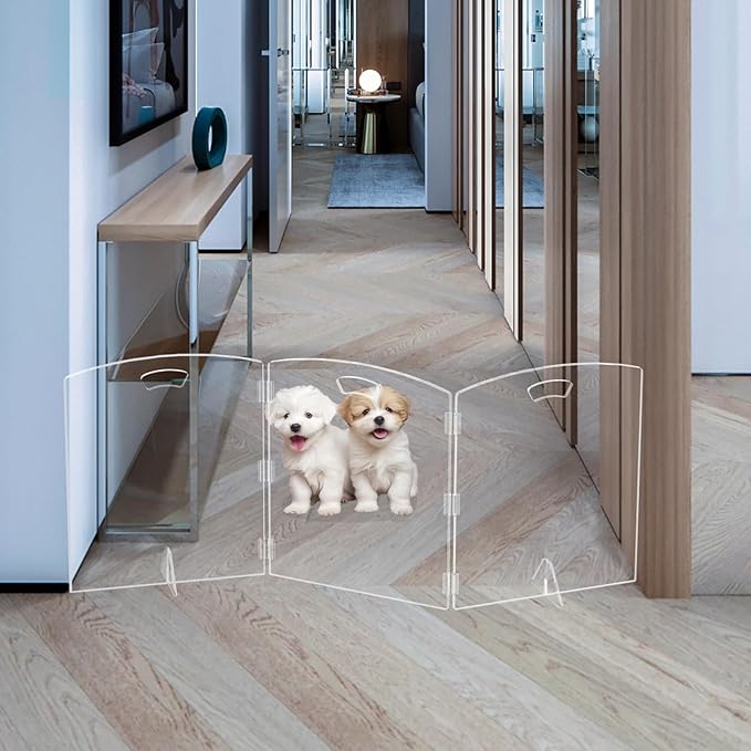 Clear Freestanding Dog Gate for Indoor Use,Pet Gates for Doorways no Drilling,Acrylic Foldable Dog Gate for Stairs with Support Feet (3Panel - 60''W x 23''H)