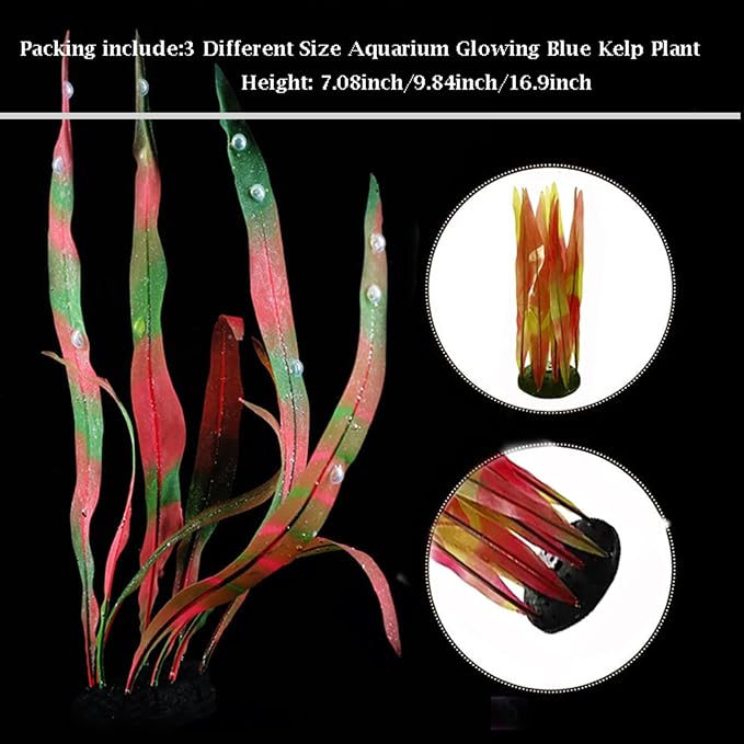3Pcs Soft Silicone Aquarium Plants Set Glowing Kelp Fish Tank Plants Decor Artificial Red Aquarium Plant Simulation Artificial Water Grass for Fish Tank,7.08in9.84in16.9in