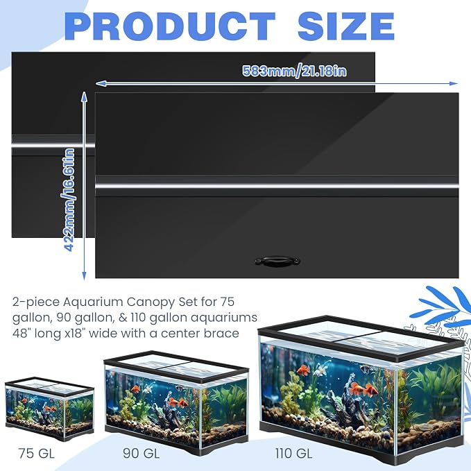Sieral Aquarium Lids Polycarbonate Canopy with LED Light 2 Pcs Set 22.95 x 16.61 x 0.12 Inch for 75/90/110 Gallon with Center Brace Aquariums Cover Fish Tank Lid with a Hook Knife, Black