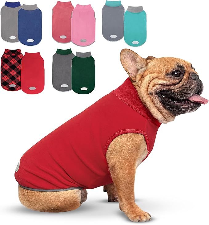 cyeollo 2 Pack Small Fleece Dog Sweater Stretchy Pullover Soft Dog Jacket with Reflective Stripe Female & Male Sweatshirt Pet Clothes Coats for Small Dogs, Red & Fuschia L