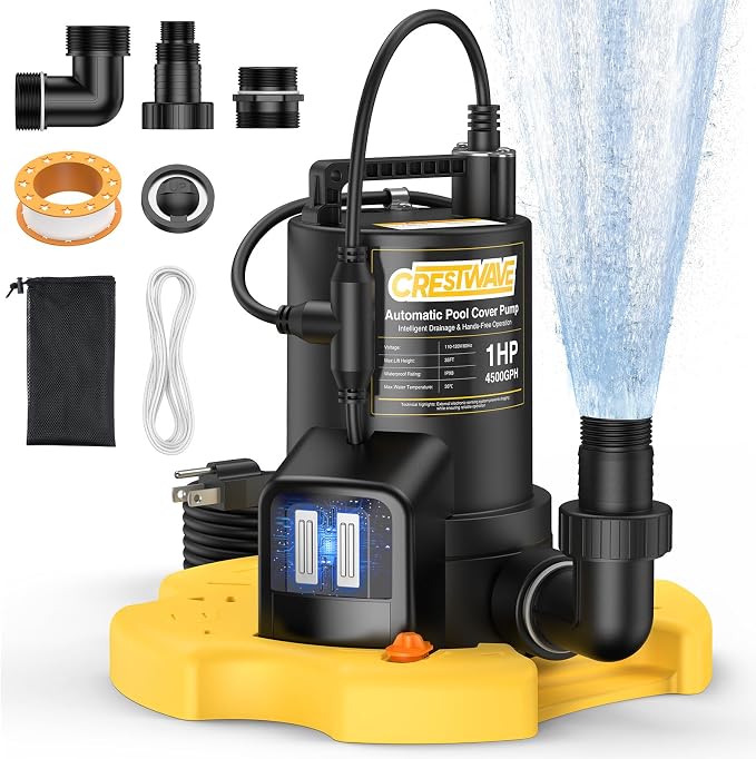 CrestWave 1HP Automatic Pool Cover Pump & Submerible Sump Pump | 4500GPH, Unique External Sensor Switch - Clog-Free, Stays Responsive, Auto 2-in-1 Pump, w/3/4” Check Valve Adapter