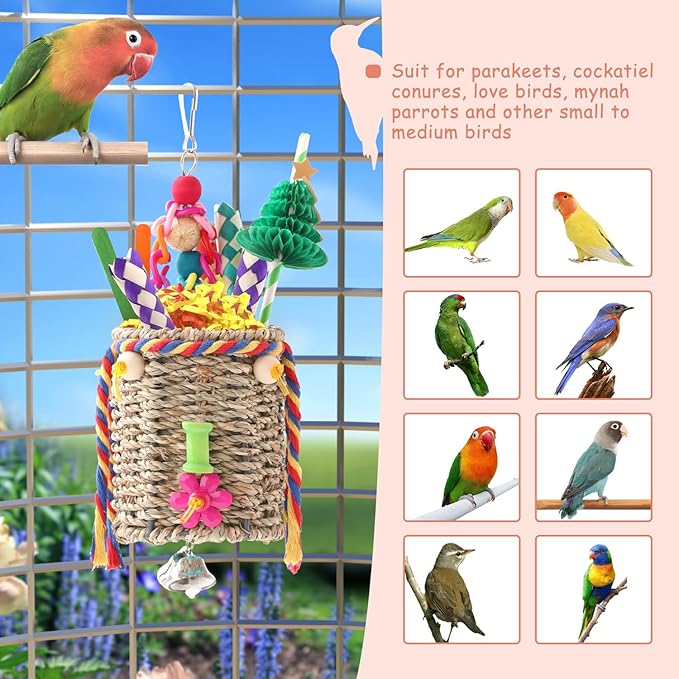 RLRICH Bird Toys Parrot Foraging Toys, Seagrass Basket Bird Chewing Toys with Colorful Tearing Paper Bamboo Fingers Natural Nut Wooden Blocks for Small Medium Parrot Bird