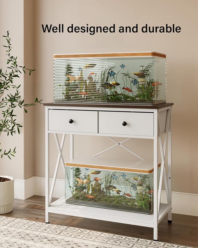 Fish Tank Stand with Drawer,20-29 Gallon Aquarium Stand Easy Assemble | Stable Metal Frame, 2-Tier Breeder Reptile Terrarium Stand Fits Office Home,30.7"x16.5" MDF Tabletop, 330lbs Capacity, White