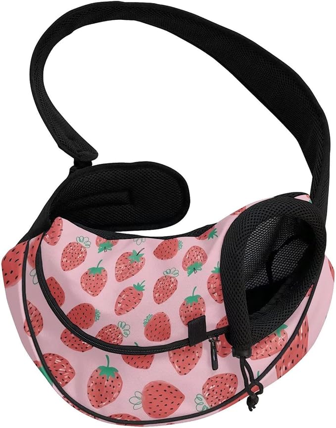 FUSURIRE Strawberry Printed Pet Carrier Sling Bag Pink Front Sling Pack Breathable Mesh Dog Pouch with Adjustable Strap Washable Travel Shoulder Bag for Cats Dogs Puppy