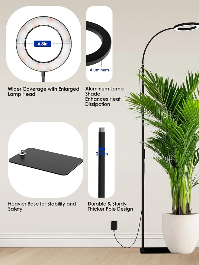 Grow Lights for Indoor Plants,LED Plant Light with Stand for Indoor Growing | 20W Full Spectrum Dimmable, 3 Light Modes, Adjustable Height Angle, 3/9/12H Timer, Black Single Head Floor Plant Growing Lamp