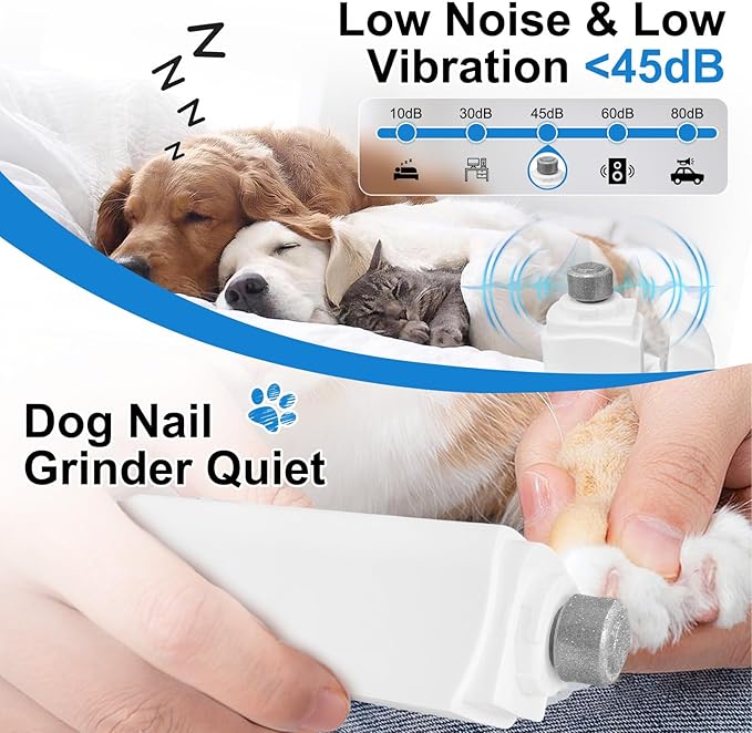 2-in-1 Dog Nail Clippers & Grinder with LED Light, Quiet Electric Pet Nail Trimmer for Small Medium Large Dogs & Cats, 3 Speeds, USB Rechargeable, Quick Sensor, Safety Lock & Splash Guard (White)