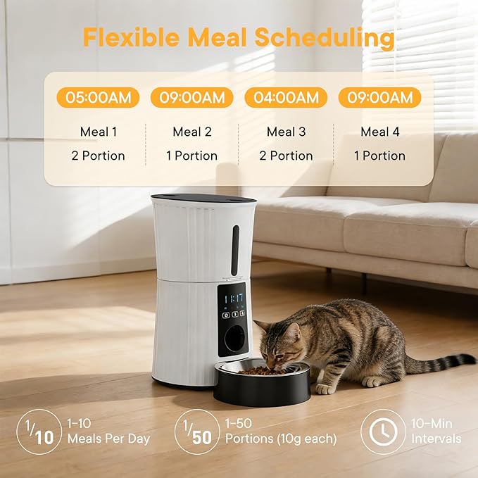 NEWBULIG 4L Automatic Cat Feeder with APP, Timed Pet Feeders for Dry Food with Portion Control, 1-10 Meals Per Day, Dog Food Dispenser with 10s Voice Recorder, Dual Power Supply, Desiccant Bag(White)