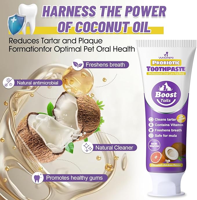Natural Coconut Oil Dog & Cat Toothpaste for Fresh Breath & Daily Oral Care, Enzymatic Probiotic Formula with Vitamin B, Helps Reduce Plaque & Tartar, Safe to Swallow, Coconut Chicken Flavor, 3.52oz