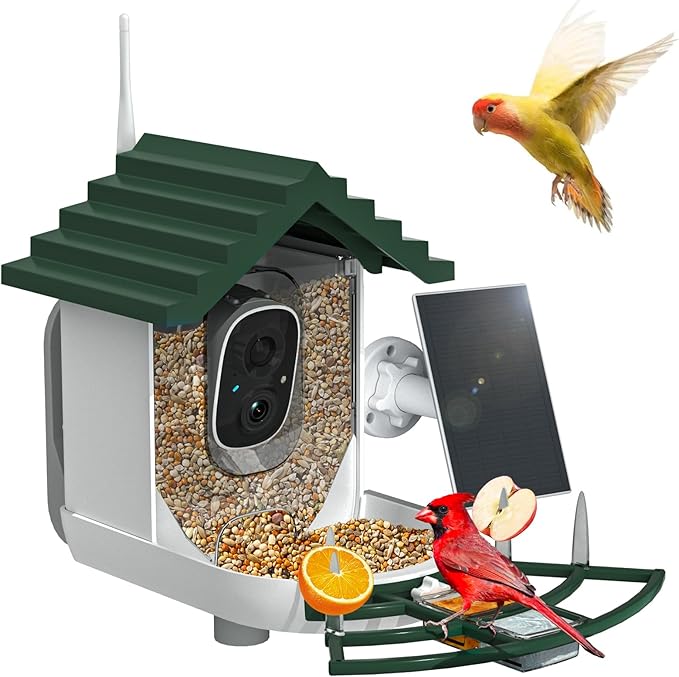 Smart Bird Feeder with Camera Solar Powered & AI Bi rd Identification, 2.4Ghz WiFi Bird feeders for Outdoors, 2K Live Video, Instant Arrival Alerts - Best Gifts for Bi rd Lovers - Green
