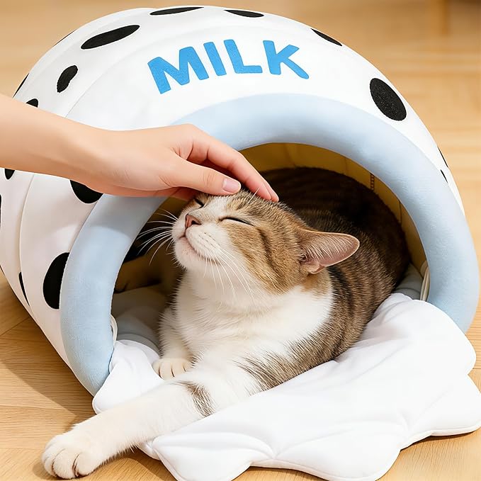 Milk Bottle Cat Cave Bed - Covered Cat Beds for Indoor Cats with Removable & Washable Cushion, Enclosed Kitten Puppy Hut, Cute Kitty Hideaway for Small Cats Dogs and Pet Breeds