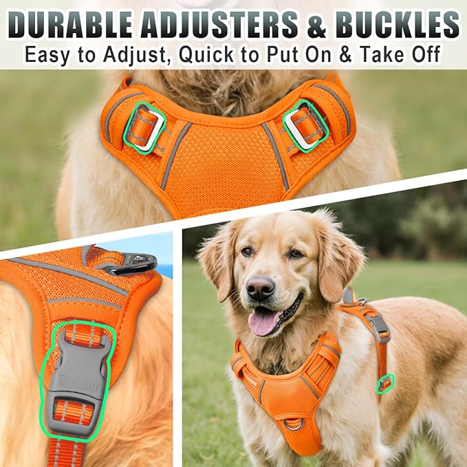 BARKBAY No Pull Dog Harness Large Reflective Dog Harness with Front Clip and Easy Control Handle for Walking Training Running with ID tag Pocket(Orange,XL)