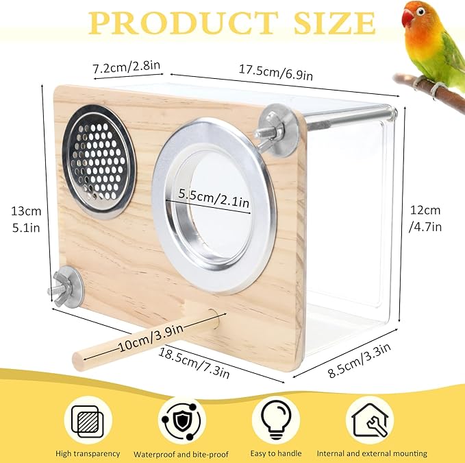 Parakeet Nesting Box for Cage, High-Transparent PET Parakeet Nest, Versatile Bird Houses for Canary, Lovebird and Parrot, Bird Boxes for Nesting with Wood Perch, Bird Cage Accessories (L, Rectangle)