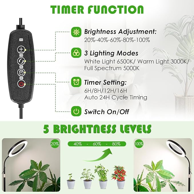 LBW Grow Light with Stand for Indoor Plants, 8" Halo Full Spectrum Grow Light, 68" Height Adjustable Plant Light, Auto Cycle Timer (6/8/12/16H), 5-Level Dimmable, 3 Lighting Modes