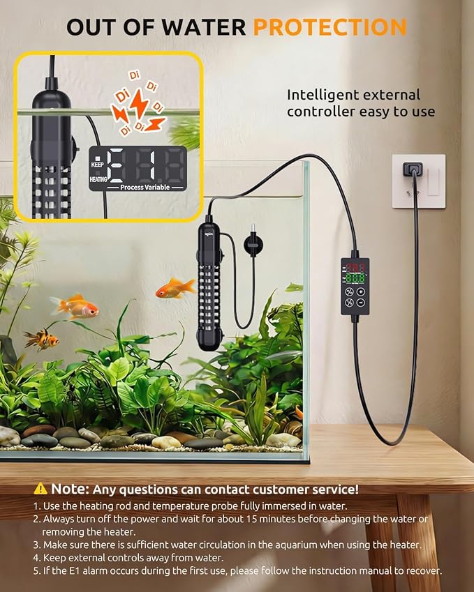 SEAOURA Small Aquarium Heater, 50W Fish Tank Heater 5-10 Gallon, Temp Probe | Adjustable Max & Min Temp Protection, 5.7 IN Submersible Heater with Auto Power-Off Intelligent Controller Fresh/Saltwater