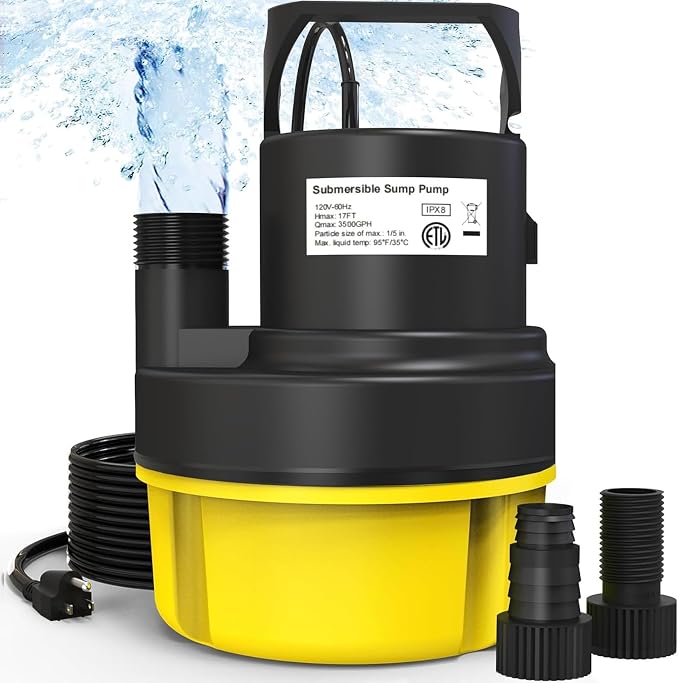 AgiiMan 3500GPH Pool Cover Pump, 1HP Submersible Sump Pump, Yellow | 25FT Power Cord, 17FT Lift, IPX8 Thermoplastic Housing, Thermal Protection, Low Suction for Pools, Basements and Ponds