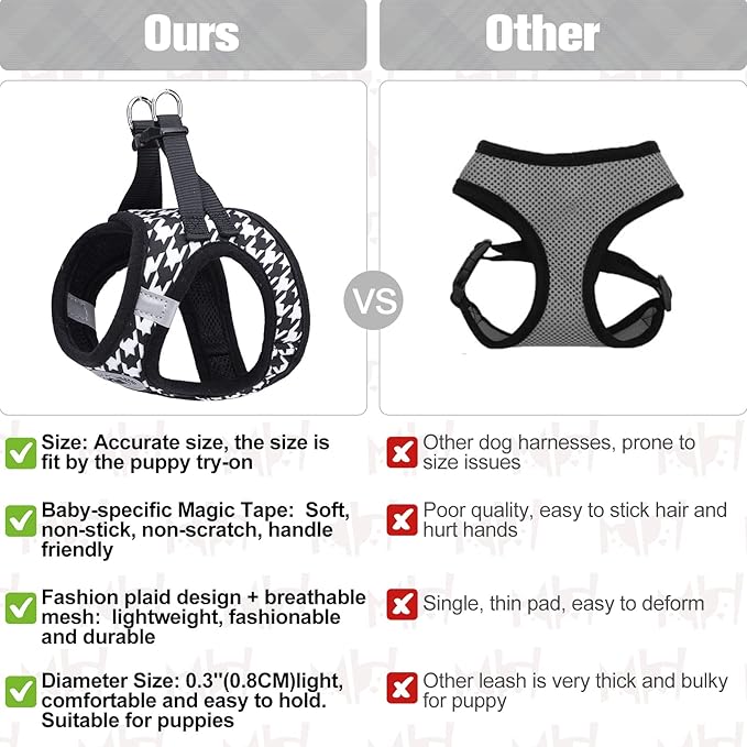BEAUTYZOO Small Dog Harness and Leash Set,Step in No Choke No Pull Soft Mesh Dog Harnesses Reflective for Extra-Small Medium Puppy Dogs and Cats, Plaid Dog Vest Harness for XS S Pets, Black S