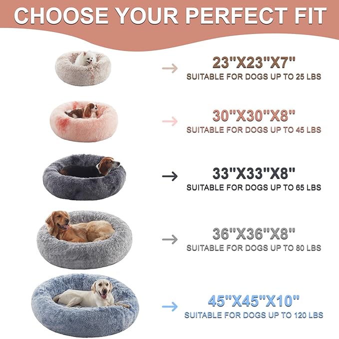 36 inches Donut Dog Bed for Large Dogs - Calming Fluffy Round Pet Bed with Removable & Washable Cover,Fits up to 80 lbs Pets (Tie-dye Brown,Large)