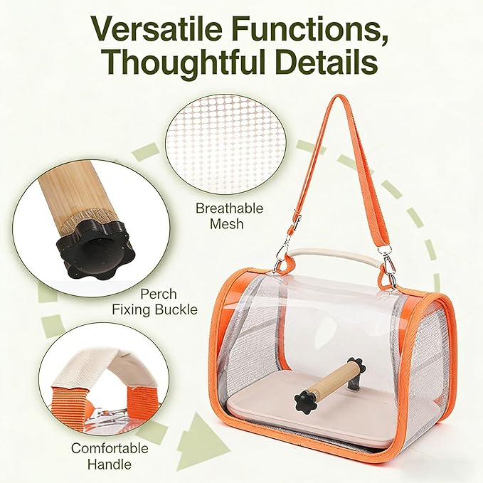 Portable Bird Travel Carrier Breathable Mesh Backpack with Perch Tray Clear View Lightweight Foldable Carrier for Small Parrots Parakeets Lovebirds (Grey)