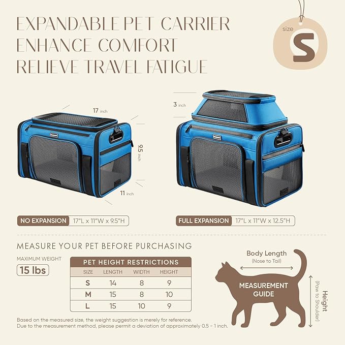 Top-Expandable Pet Carrier with Treat & Pet Window,17x11x9.5 Inch Alaska Hawaiian Airline Approved,Soft-Sided Dog Carrier for Small Dogs and Cats,Travel Cat Carrier with Locking Safety Zippers,Blue