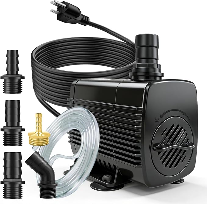 400GPH Submersible Fountain Pump with Tubing 10ft Outdoor Cord for Garden | Overheat Protection, Ground Cord with 3-Prong Plug Safer for Indoor and Outdoor Use