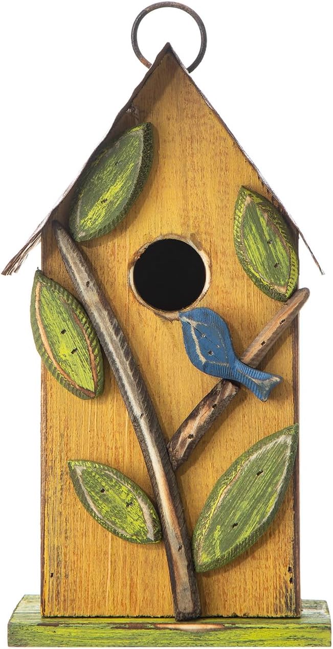 Glitzhome Bird Houses for Outside, 9.7" H Rustic Hanging Birdhouse Decorative Pet Cottage Distressed Wooden Birdhouse with 3D Tree Bluebird House for Outdoor Patio Garden, Yellow