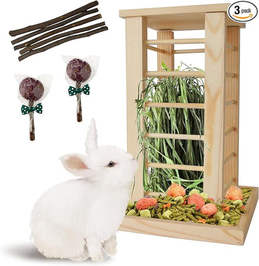 Rabbit Hay Feeder Wooden Bunny Hay Rack Guinea Pig Feeding Manger Standing Rabbits Grass Holder Small Animals Less Waste Food Dispenser for Chinchillas Hamsters Bunnies Gerbil