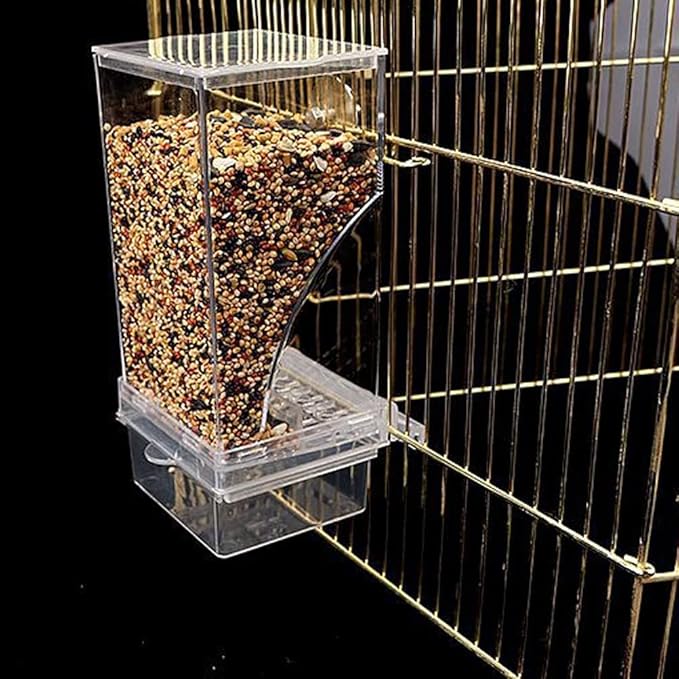 No Mess Bird Feeder Automatic Parrot Feeder Cage Accessories, Clear Parakeet Seed Container Food Feeder for Cage, Cockatiel Finch Lovebirds Budgies Canary (A)