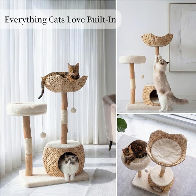 Leo & Lexi Modern Cat Tree Tower with Cave, Real Wood Cat Scratching Post with Bed for Indoor Cats Large Adult, Solid Wooden Climbing Tower, Cute Condo, Aesthetic Stand, Boho Luxury Pet Furniture