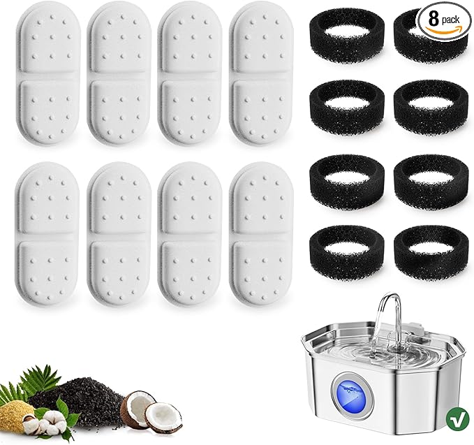 Apauk 8 Pack Replacement Filters/Sponges - Individually Packaged-Applicable to Cat Water Fountain Stainless Steel 108oz/3.2L, APAUK Automatic Pet Fountain Dog Water Dispenser
