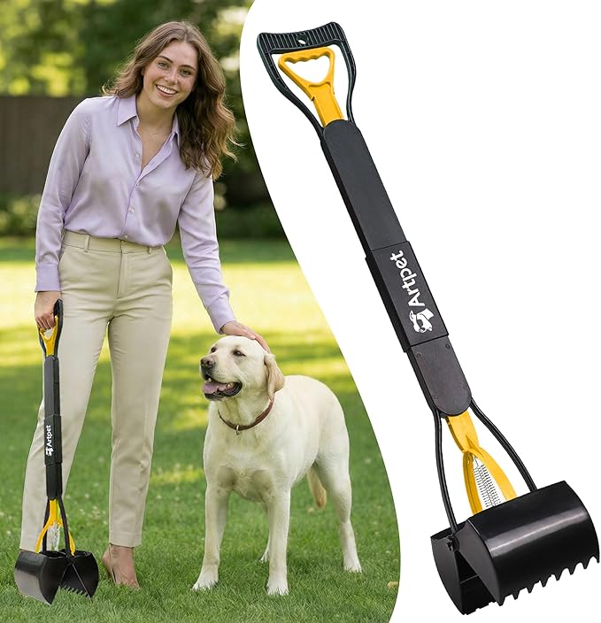 32 Inch Dog Pooper Scooper Long Handle for Large Dogs for Yard – No Bending Great on The Back, Ease of Pick Up, Convenient, Heavy Duty, Grass Friendly, Plastic, Yellow