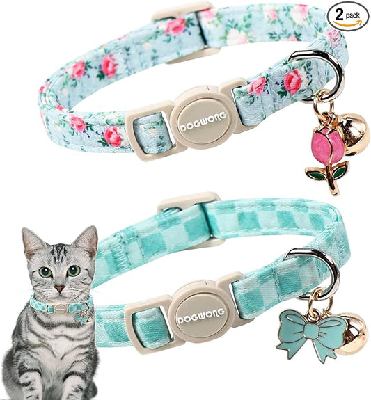 2 Pack Green Flower Cat Collars Breakaway with Bell, DOGWONG Safety Buckle Green Plaid Cute Cat Collar for Girl Boy Cats，Adjustable 7-12 Inch