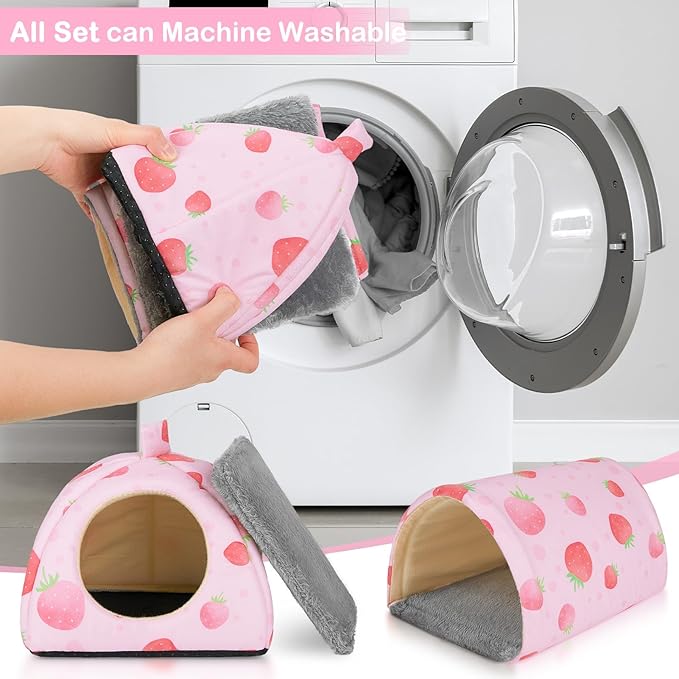 Bienbee Guinea Pig Hideout, Washable Guinea Pig Tunnel Set, 2 Pack Guinea Pigs Toys Guinea Pigs Cage Accessories for Small Animal Mouse Hamster Hedgehogs Rats,Pink Strawberry