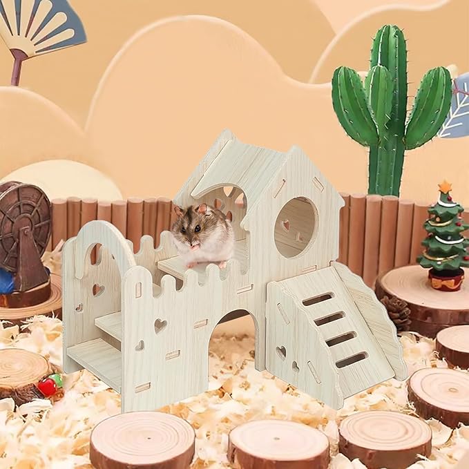 Wood Hamster Hideout House Habitat Wooden Maze Hide Hut with Climbing Ladder and Platform Cage Accessories Toys for Dwarf Gerbils Mouse Mice Rat Other Small Animals etc.