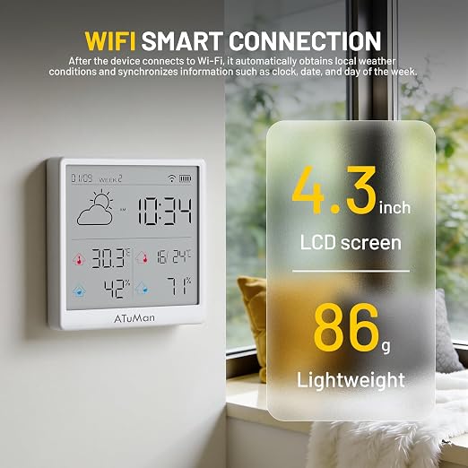 TH3 Smart Thermometer Hygrometer - WiFi Enabled Indoor/Outdoor Temperature Humidity Monitor, 4.3'' Large LCD, Auto-Time Calibration, Type-C, High Precision Sensor for Home, Office, Greenhouse