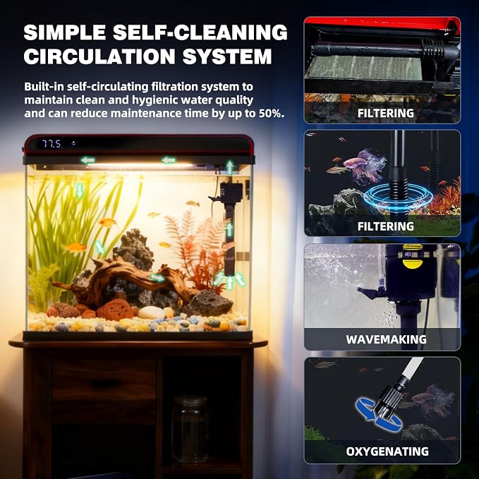 Coospider 5 Gallon Glass Fish Tank, Aquarium Starter Kit, Aquarium Kit with Quiet Filter Pump, 3-Color LED Lights, Simpel Self-Cleaning, Temp Monitoring for Fish, Shrimp, Family Kids Gift Ideas