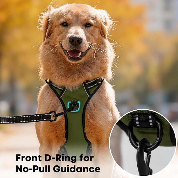 PoyPet No Pull Dog Harness with Handle Reflective Padded Vest for Small Medium Large Dogs, Adjustable Puppy Harnesses with Front & Back Clip Easy Walking (Military Green,XL)