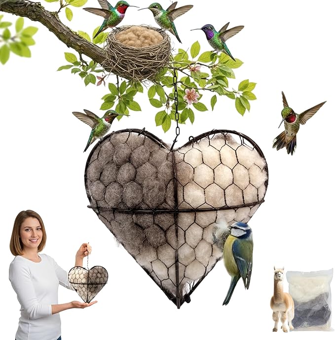 Bird Nesting Material, Hummingbird Nesters, Natural Alpaca Wool Material for Wild Birds, Design for Bird Lover Gifts, Refillable Outdoor Bird Nesting Station (Heart)